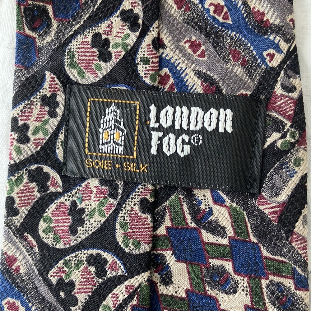 London Fog vintage silk tie, paisley, pink, blue, black, extra long, 62 1/2”